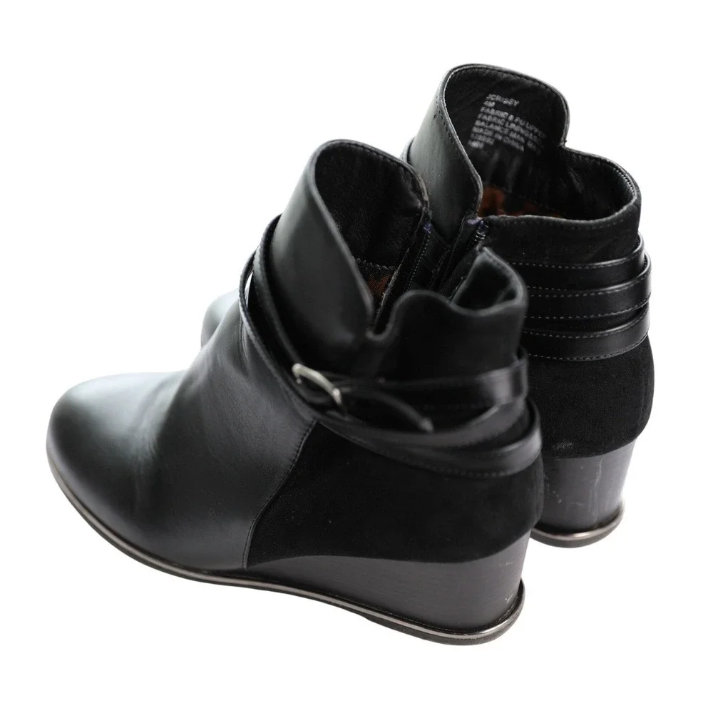 Steve‎ Madden Chrissy Black Wedge Ankle Boots Buckle Strap Mixed Media Size 6M